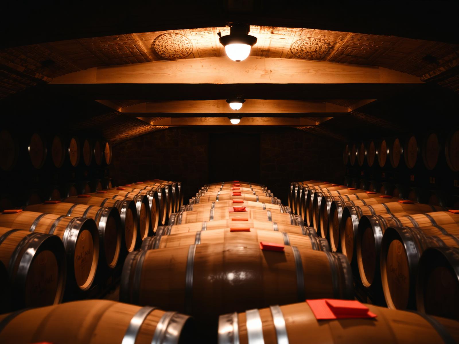 Italian wine cellar with oak barrels